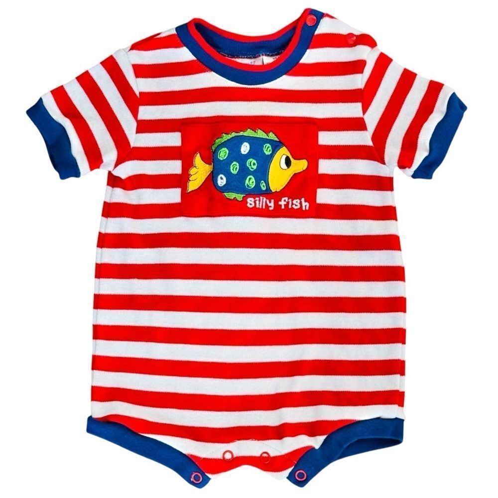 Small Steps VINTAGE Baby Short Sleeve Embroidered Silly Fish Romper. 3-6 Months.